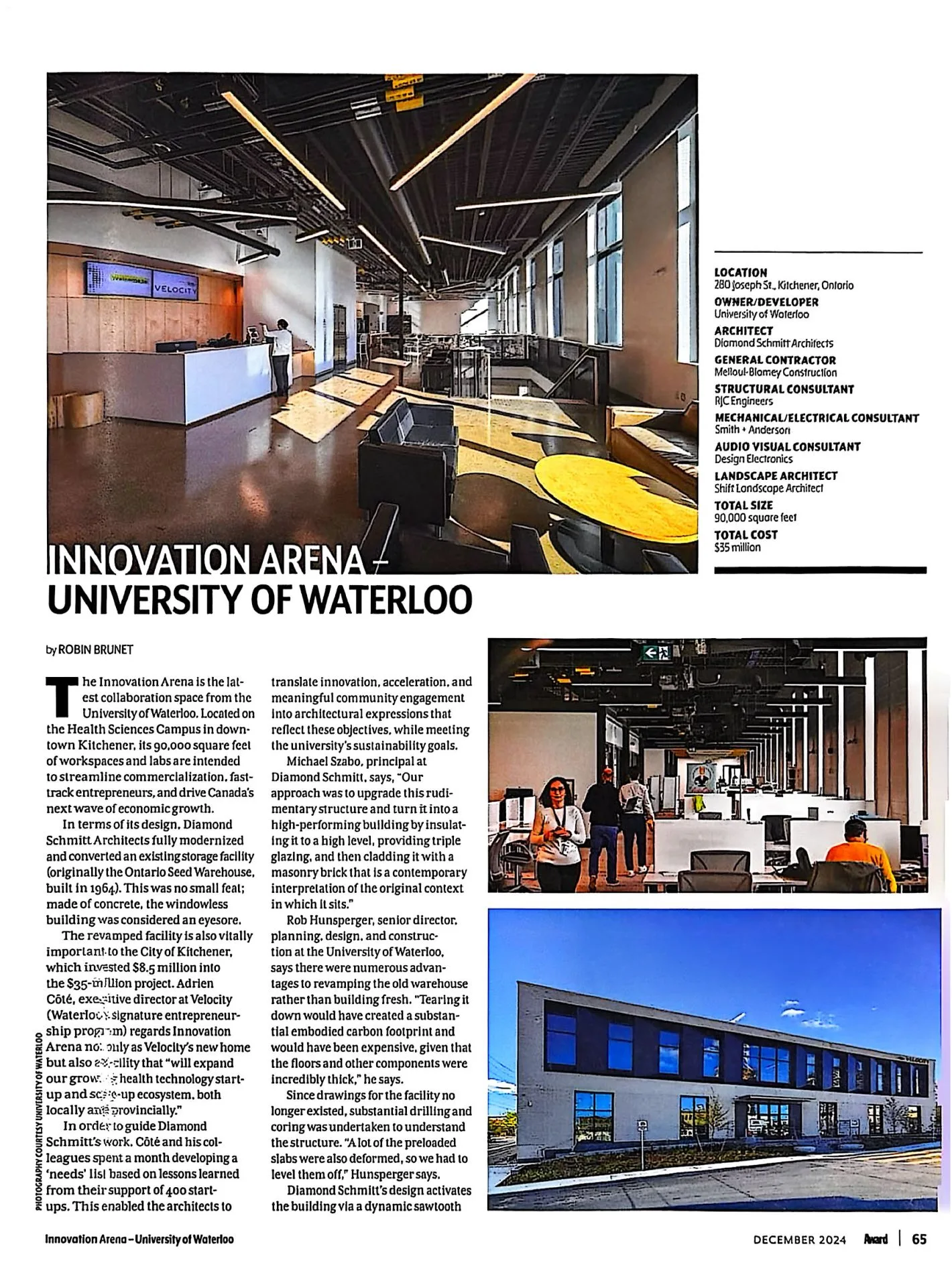 Award magazine, December 2024 โ Innovation Arena, University of Waterloo, feature page 65