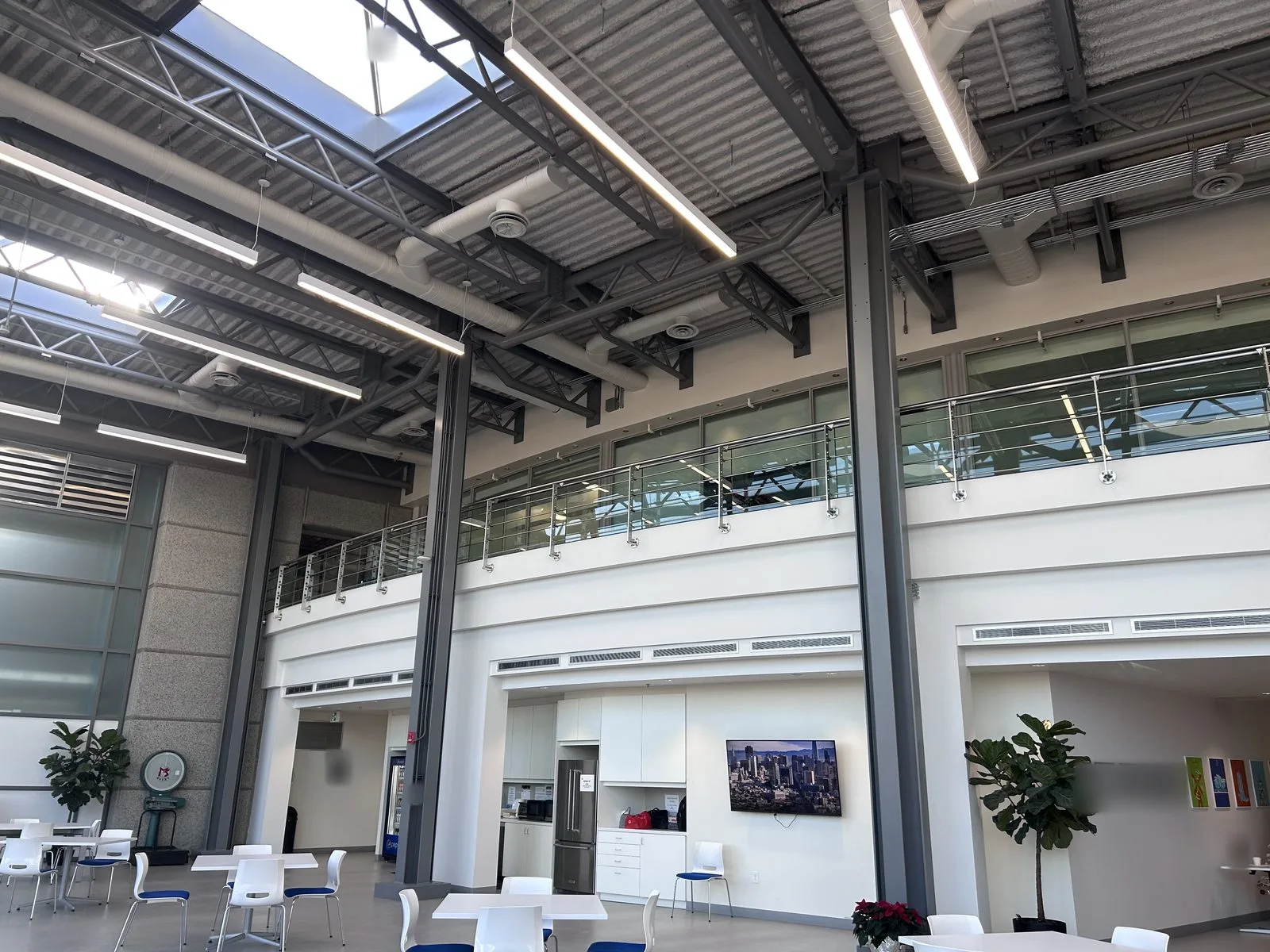 Double-height atrium café with white painted walls, grey steel columns, exposed painted steel trusses and a glass-railed mezzanine