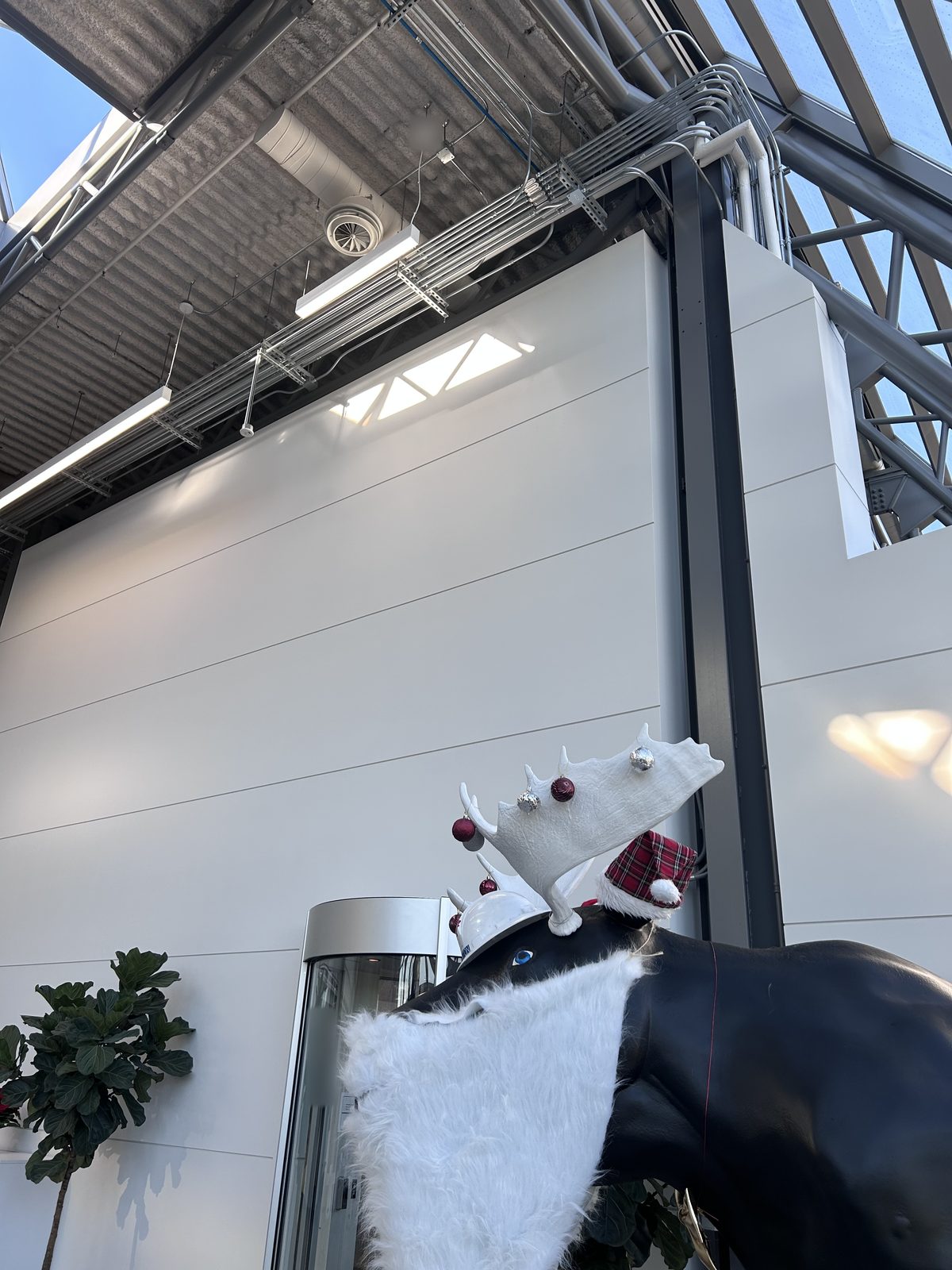 White panelled lobby wall under an exposed ceiling with cable trays, with a decorated moose sculpture in the foreground