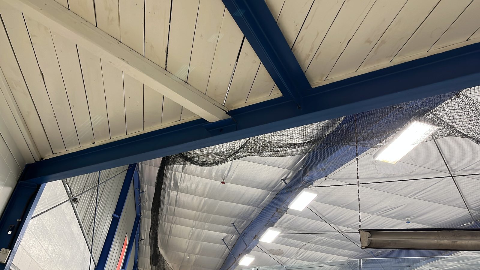White painted ceiling with blue steel beams, Elora Community Centre