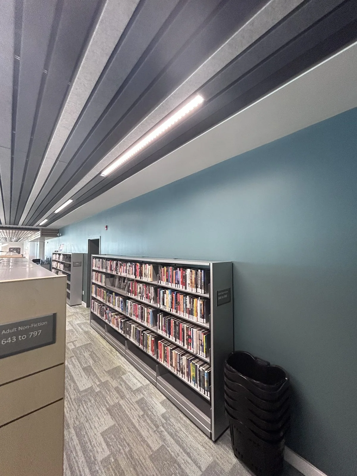 Teal painted wall behind bookshelves under a dark acoustic slat ceiling