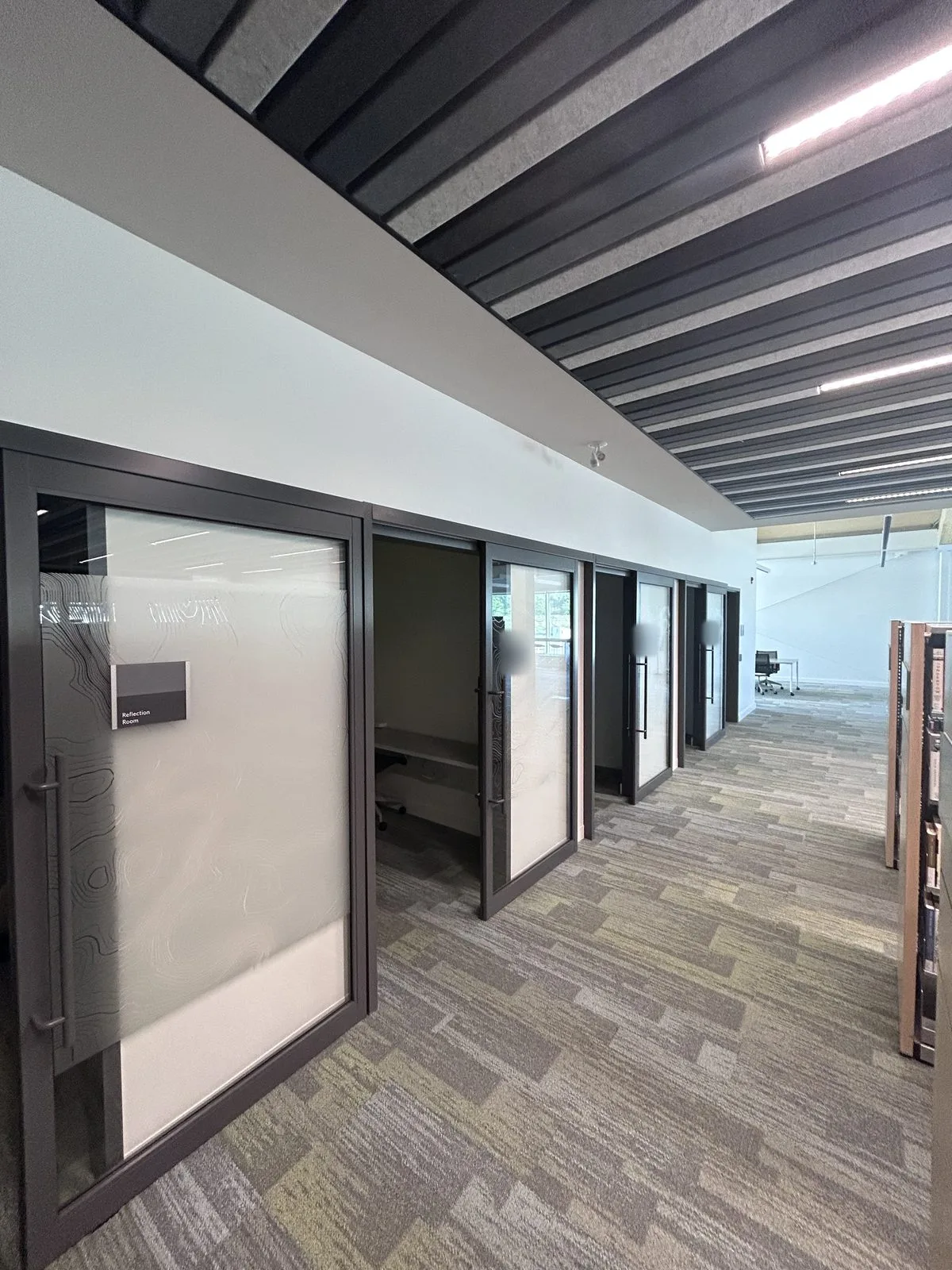 Row of glass-fronted study rooms under a dark acoustic slat ceiling with carpet flooring