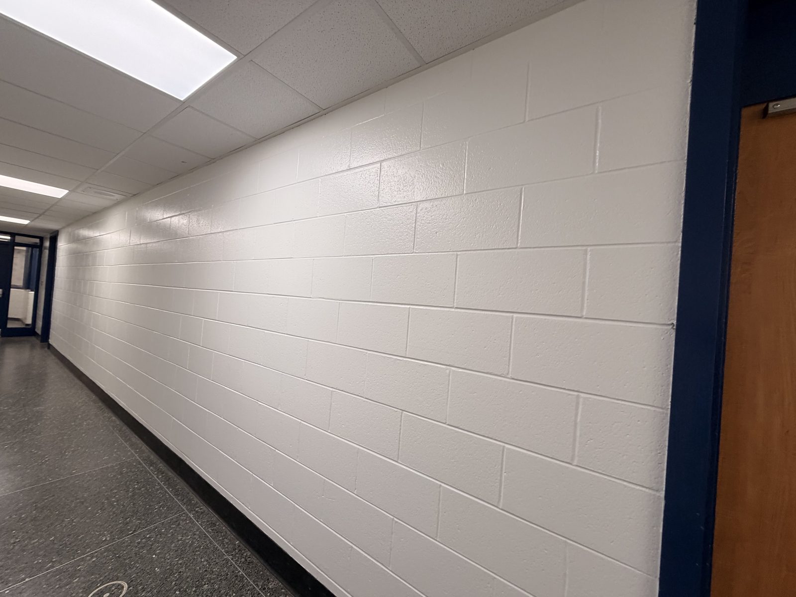 White painted block wall along a corridor beside a dark blue painted door frame at Roseneath Centennial School in Roseneath
